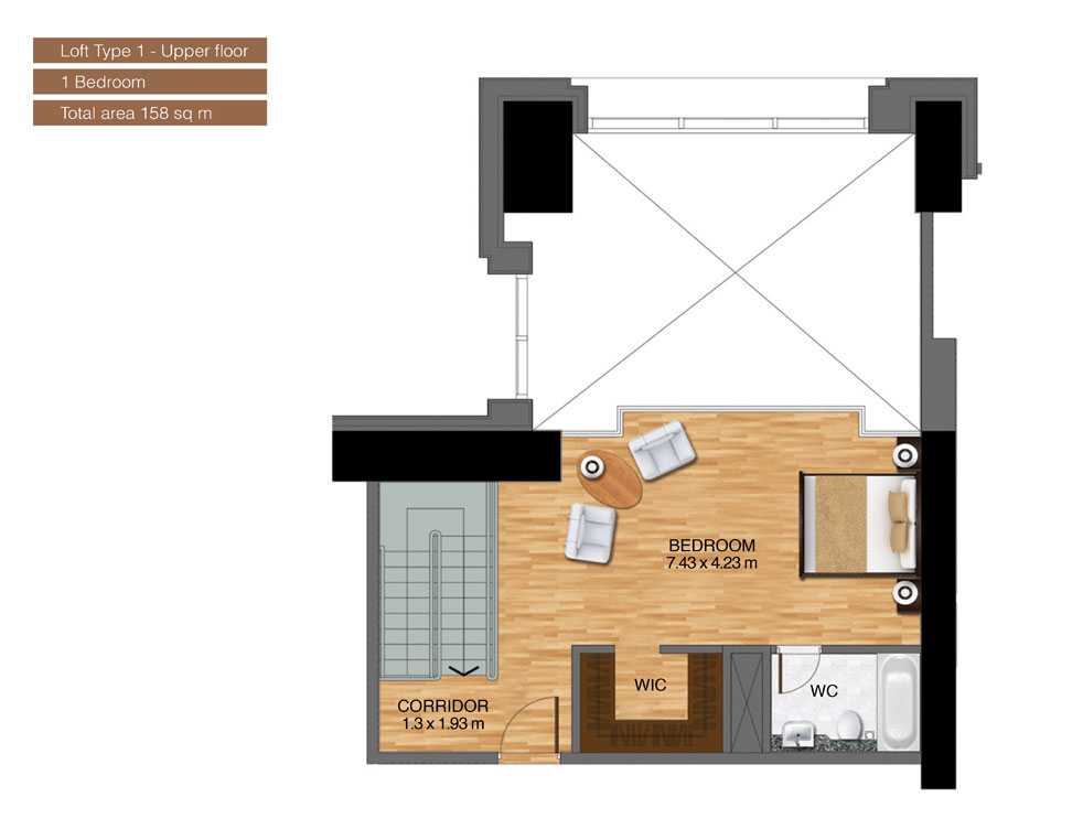 Loft-Type-1-Upper-Floor-,1-Bedroom,Size-158-Sq m